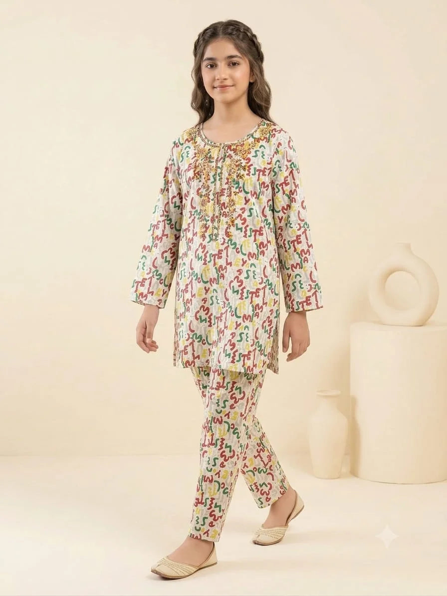 Front Embroidery  Alphabet Print White 2 Pcs Suit Girls