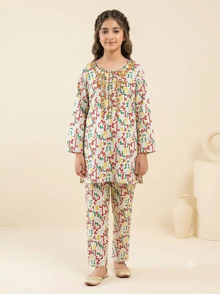 Front Embroidery  Alphabet Print White 2 Pcs Suit Girls