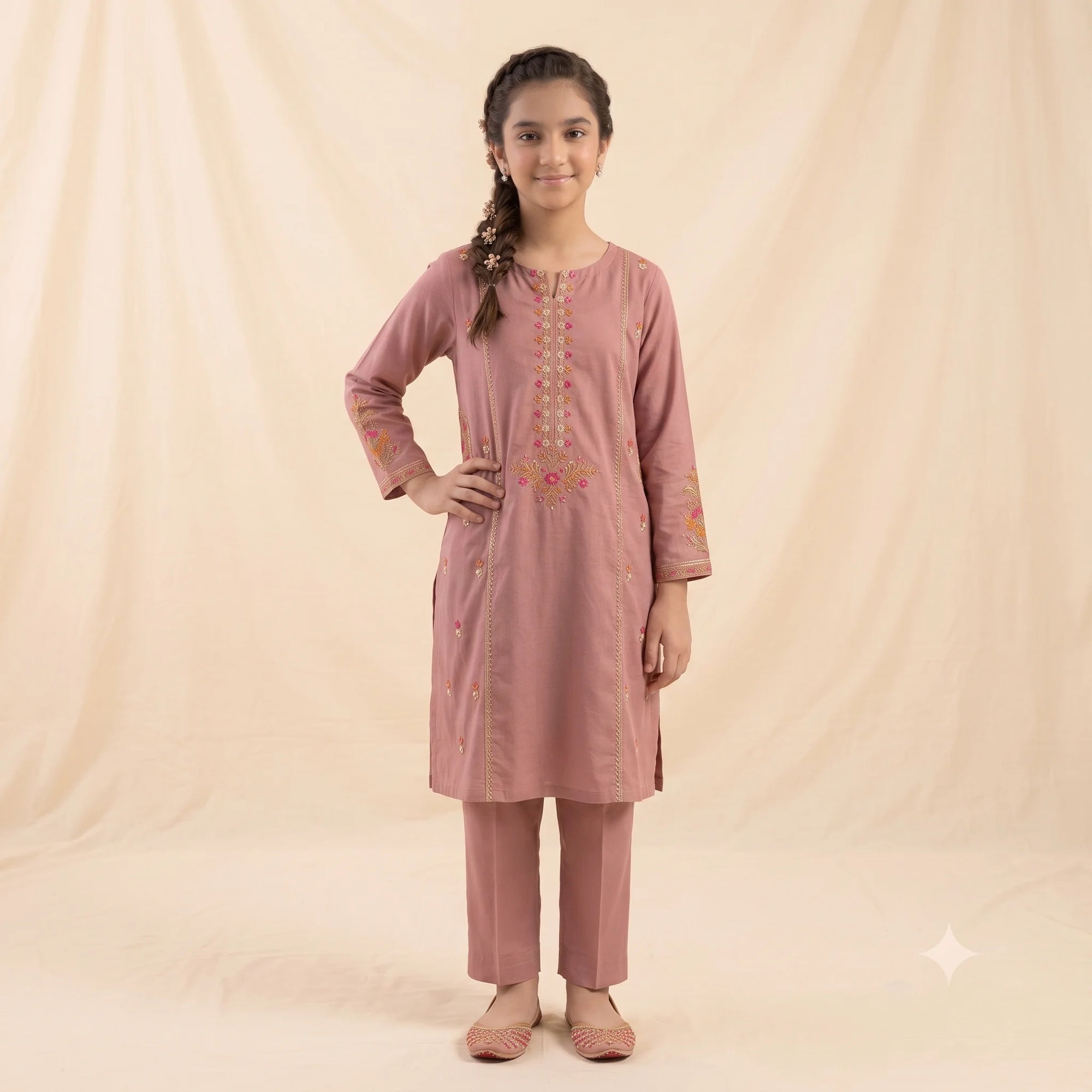 Front & Arms Embroidery Peach 2-Piece Suit Girls ( R-460 )