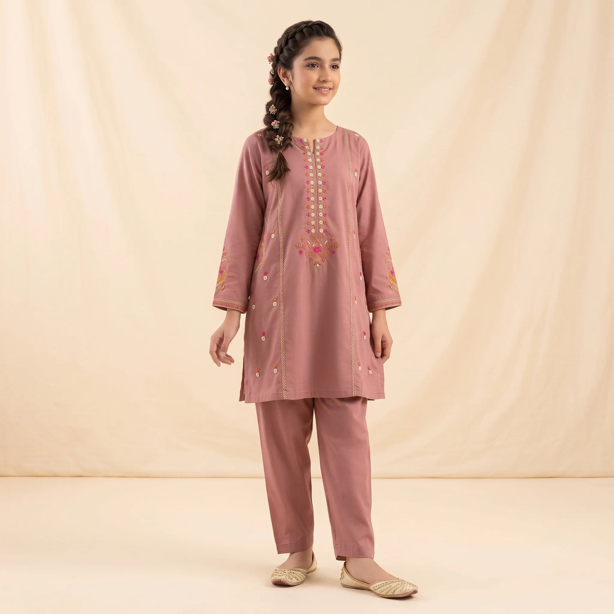 Front & Arms Embroidery Peach 2-Piece Suit Girls ( R-460 )