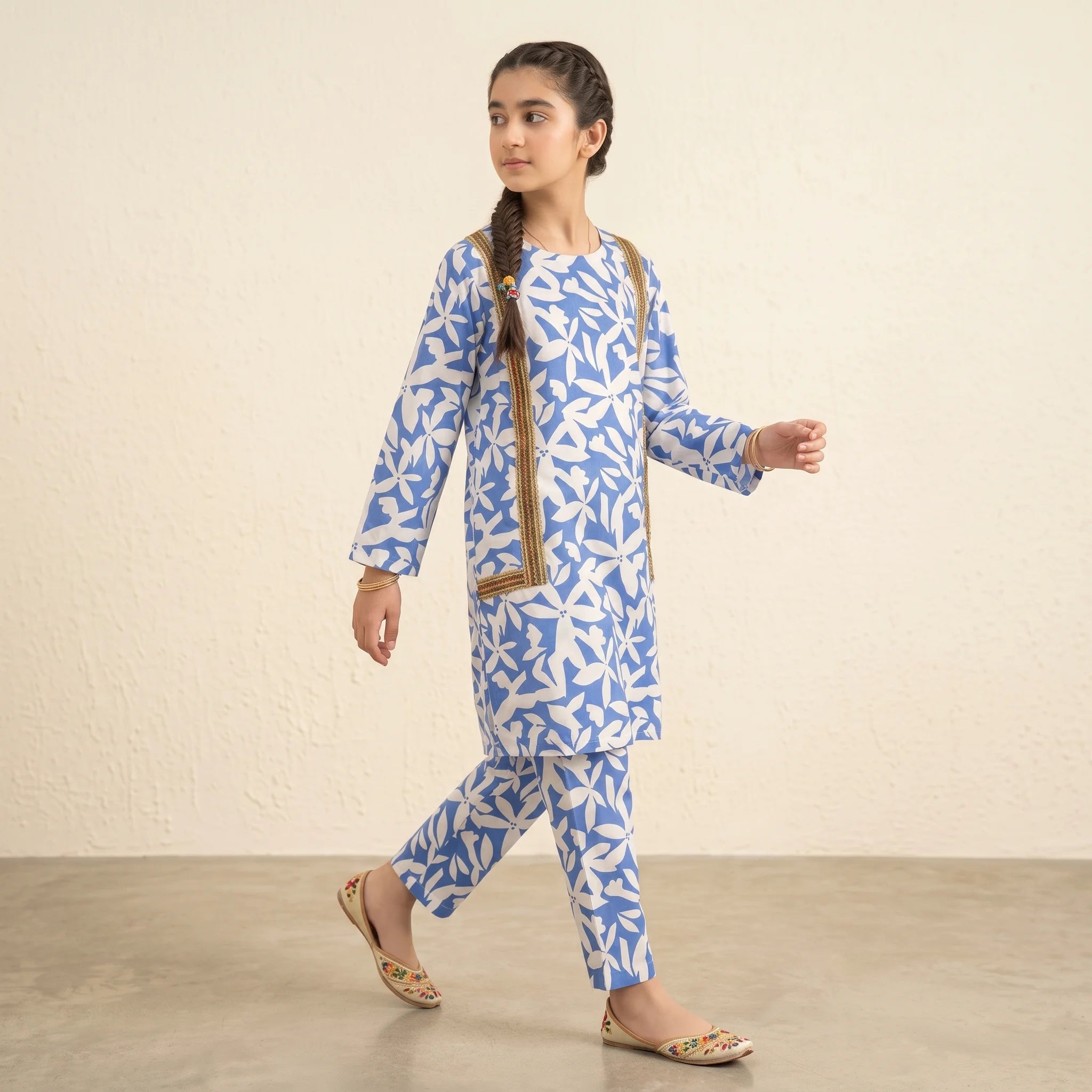 White Leaves With Lase Royal Blue 2-Piece Suit Girls ( R-460 )