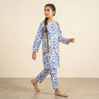 White Leaves With Lase Royal Blue 2-Piece Suit Girls ( R-460 )