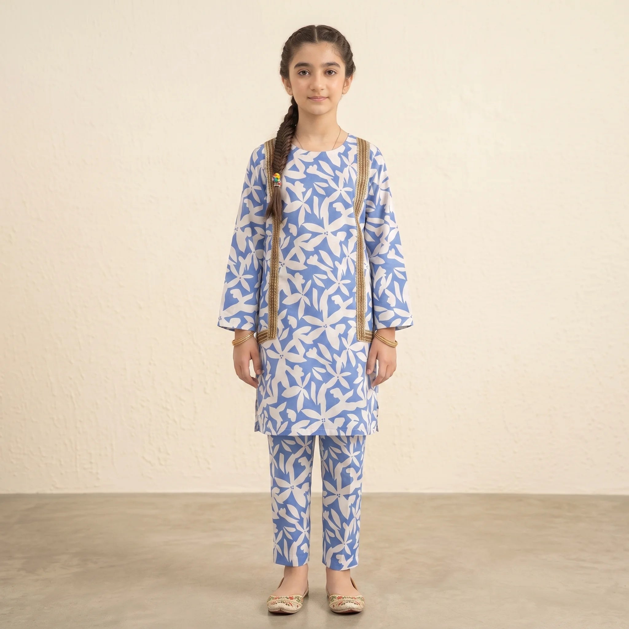 White Leaves With Lase Royal Blue 2-Piece Suit Girls ( R-460 )