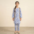 White Leaves With Lase Royal Blue 2-Piece Suit Girls ( R-460 )