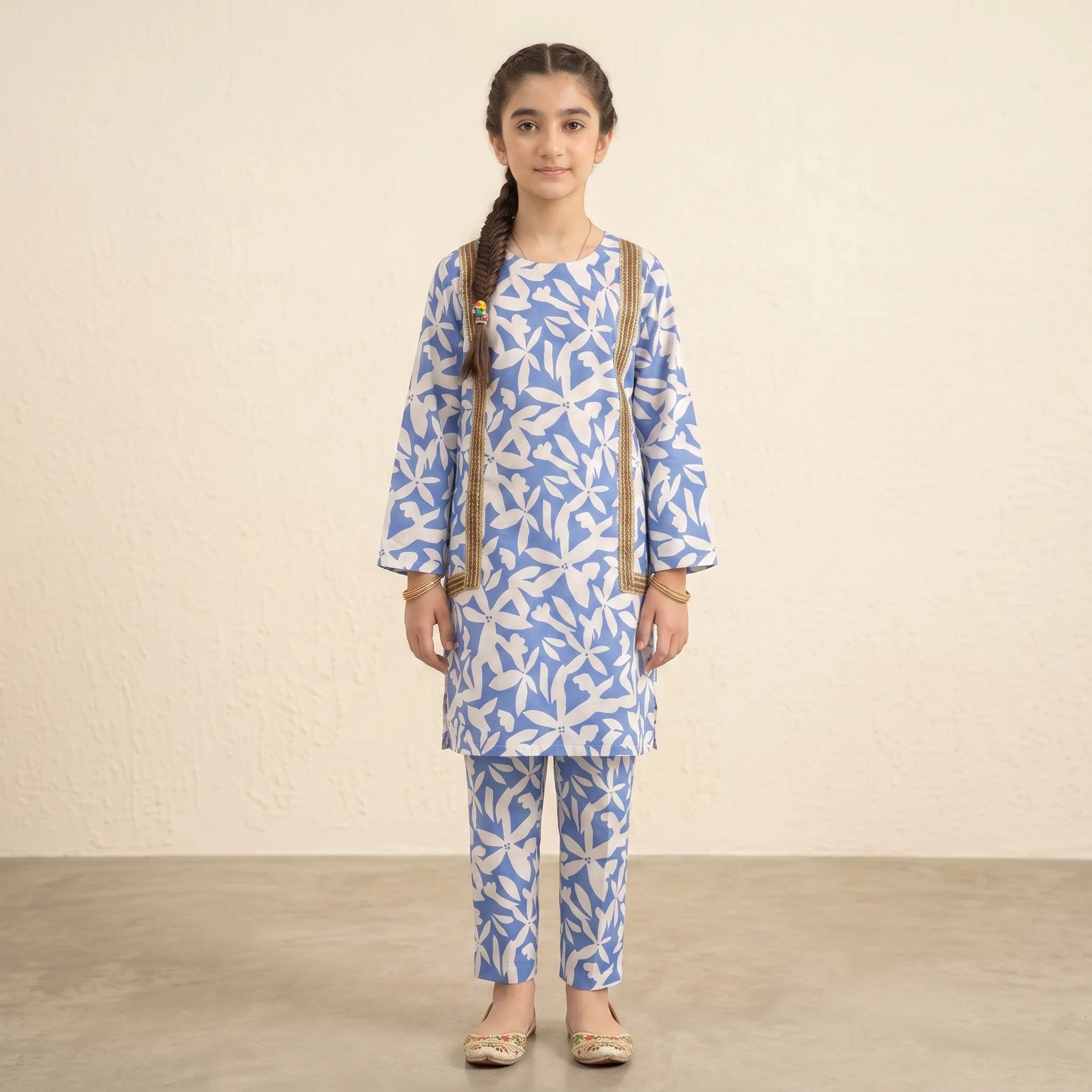 White Leaves With Lase Royal Blue 2-Piece Suit Girls ( R-460 )