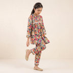 Elegant Floral Print Ivory Frock 2Pcs Suit-Girls