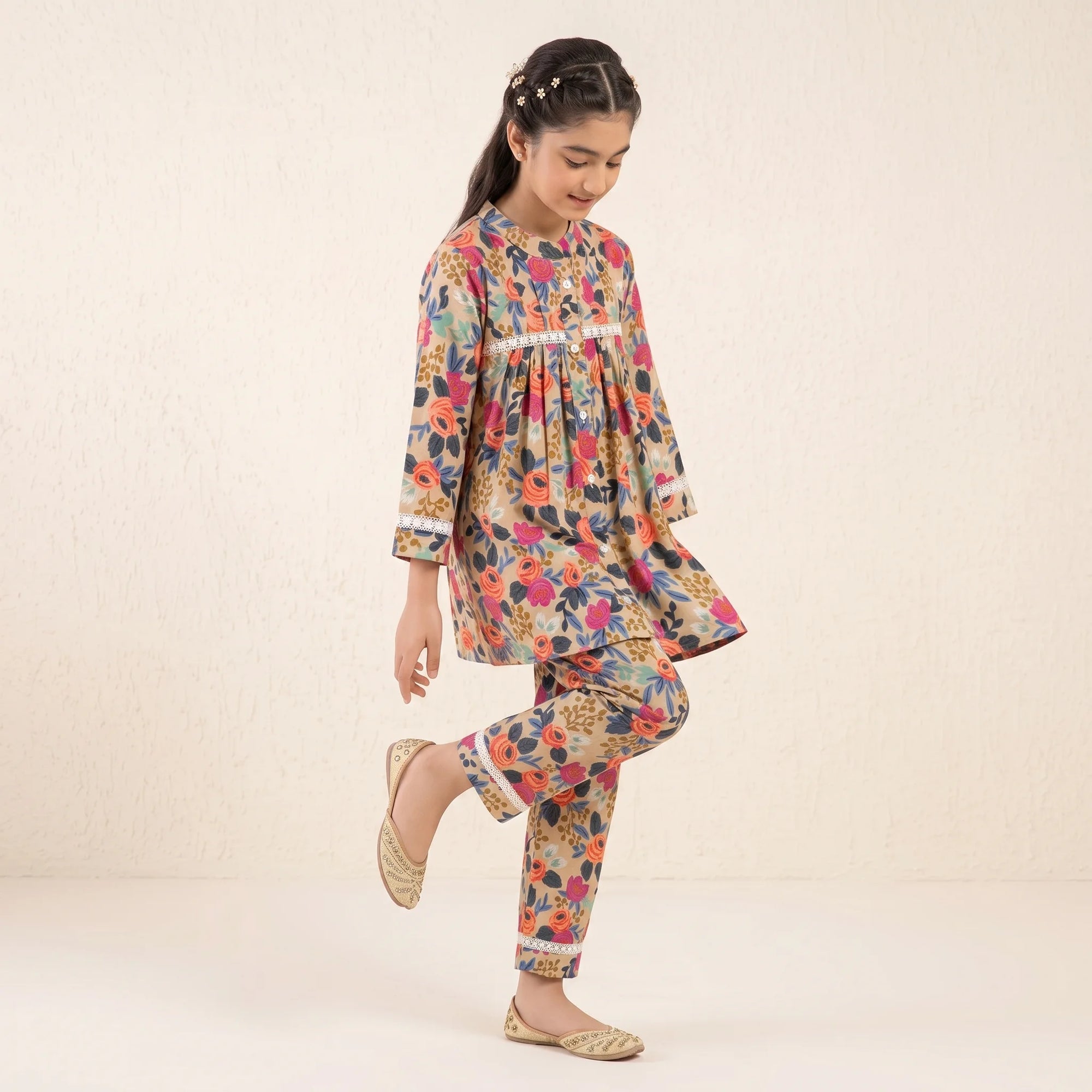 Elegant Floral Print Ivory Frock 2Pcs Suit-Girls