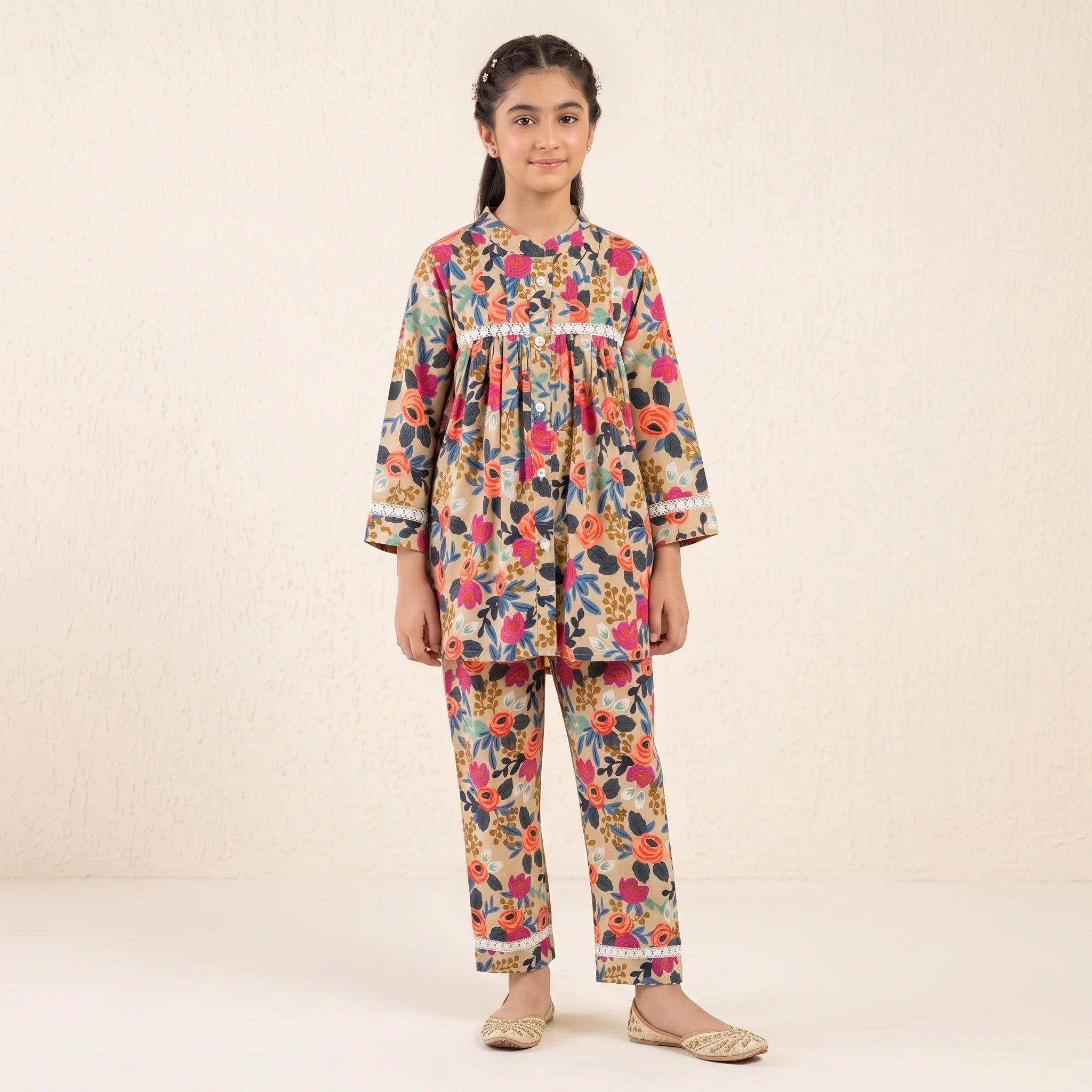 Elegant Floral Print Ivory Frock 2Pcs Suit-Girls