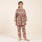 Elegant Floral Print Ivory Frock 2Pcs Suit-Girls