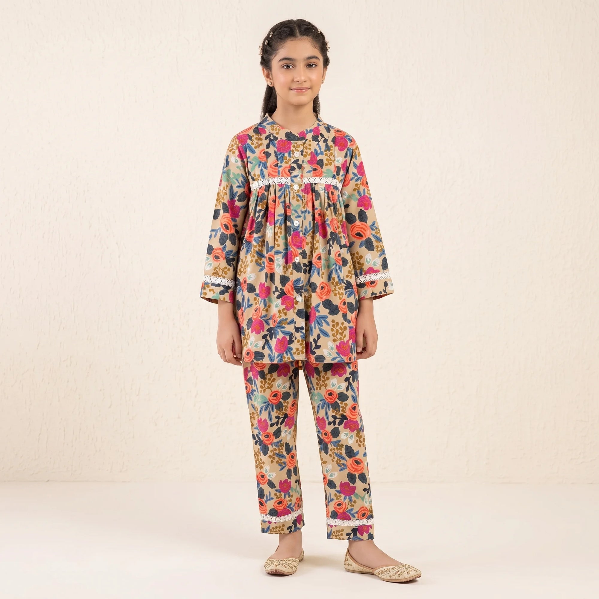 Elegant Floral Print Ivory Frock 2Pcs Suit-Girls