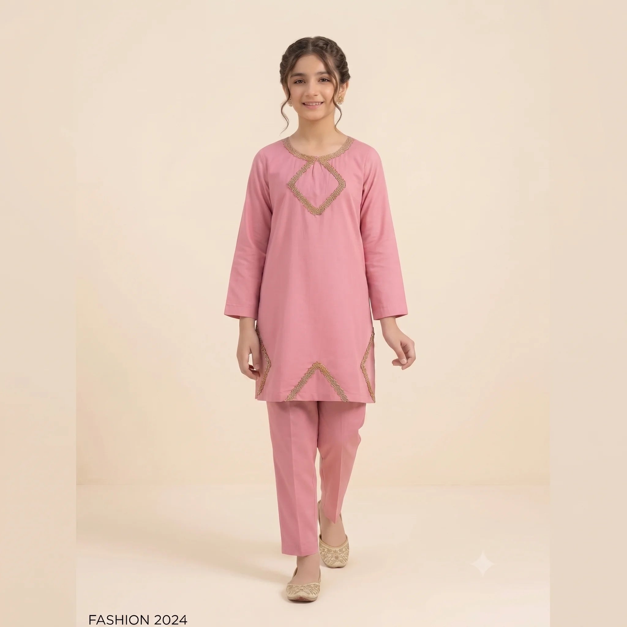 Front Lase Peach 2-Piece Suit Girls ( R-460 )