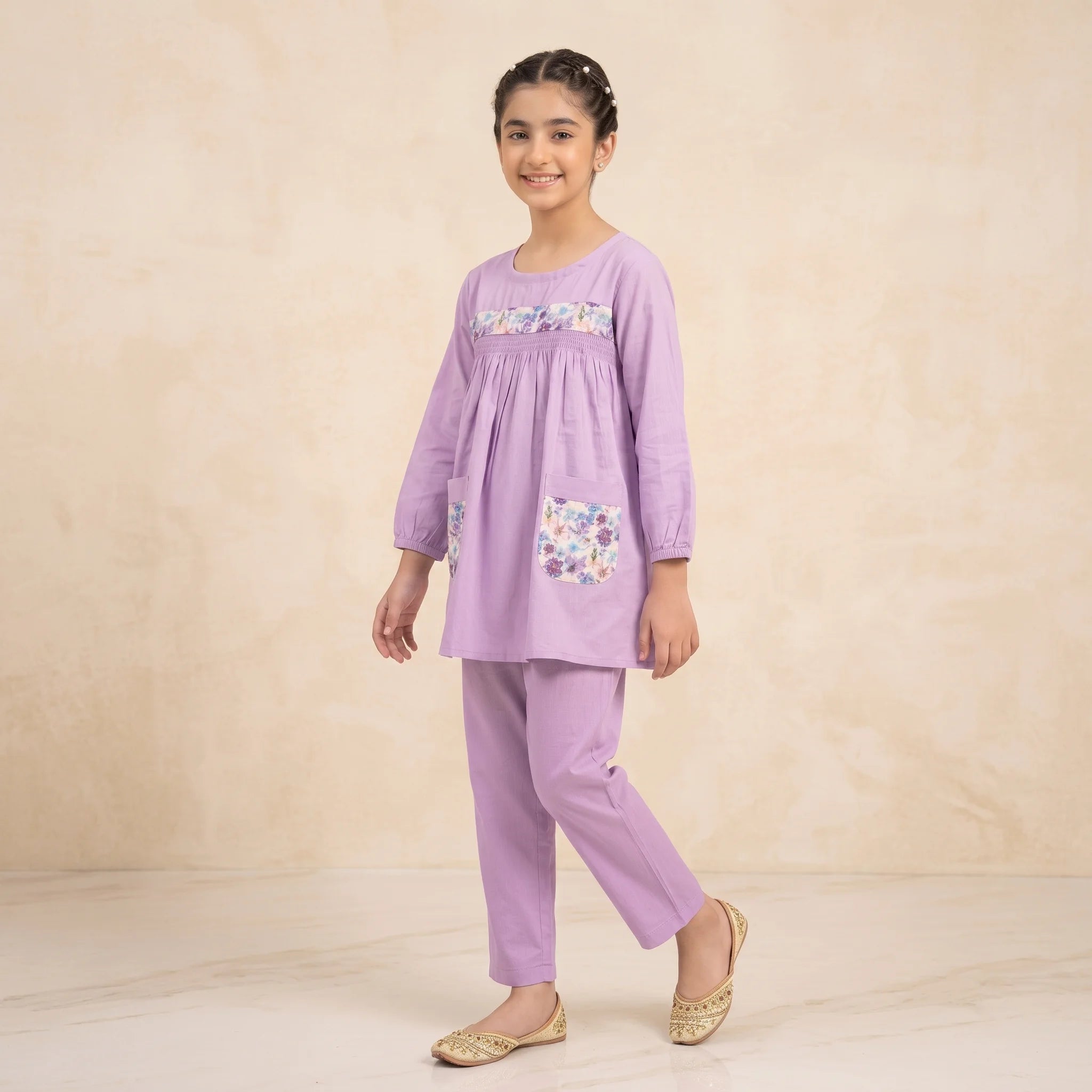Both Side Pocket Light Purple 2Pcs Suit-Girls