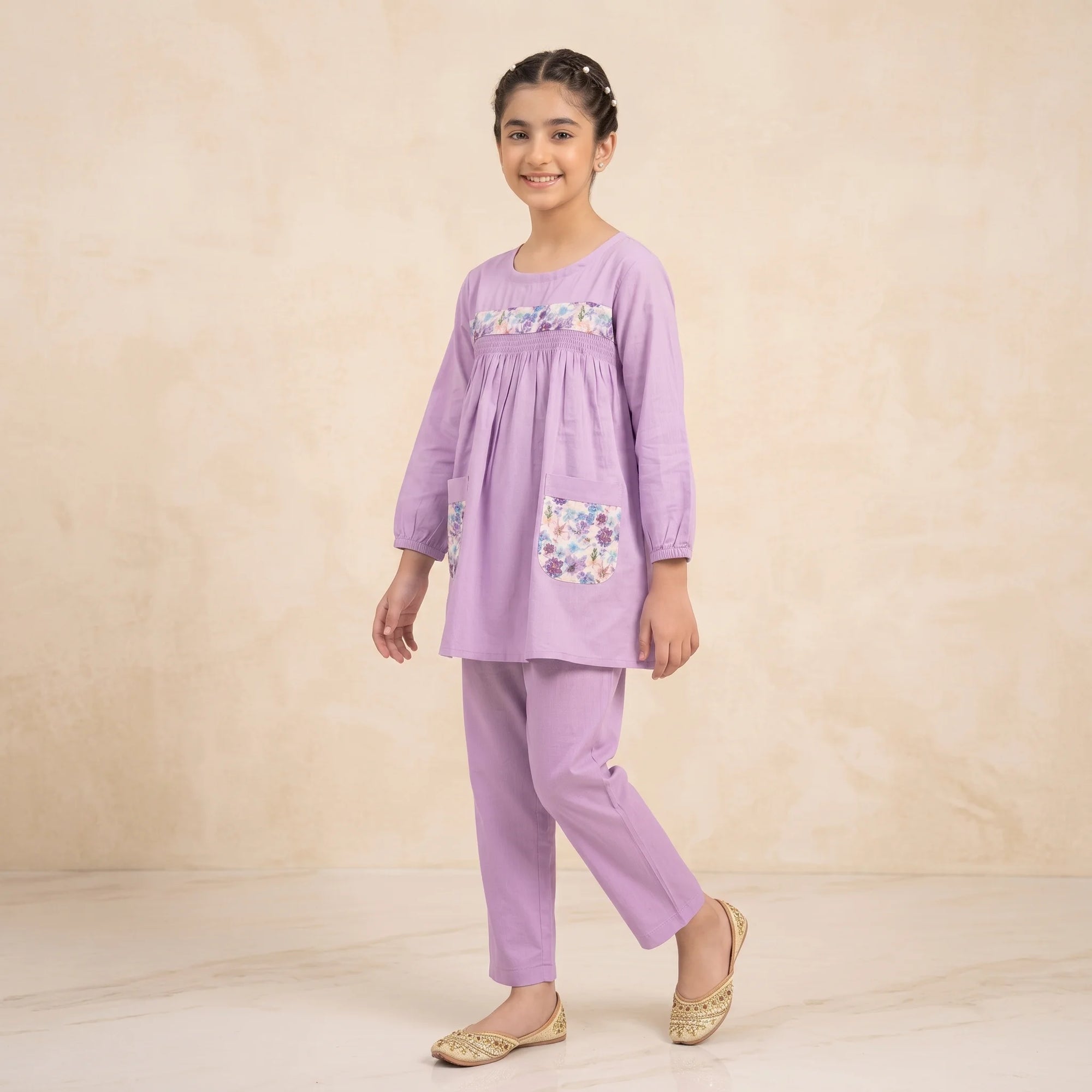 Both Side Pocket Light Purple 2Pcs Suit-Girls