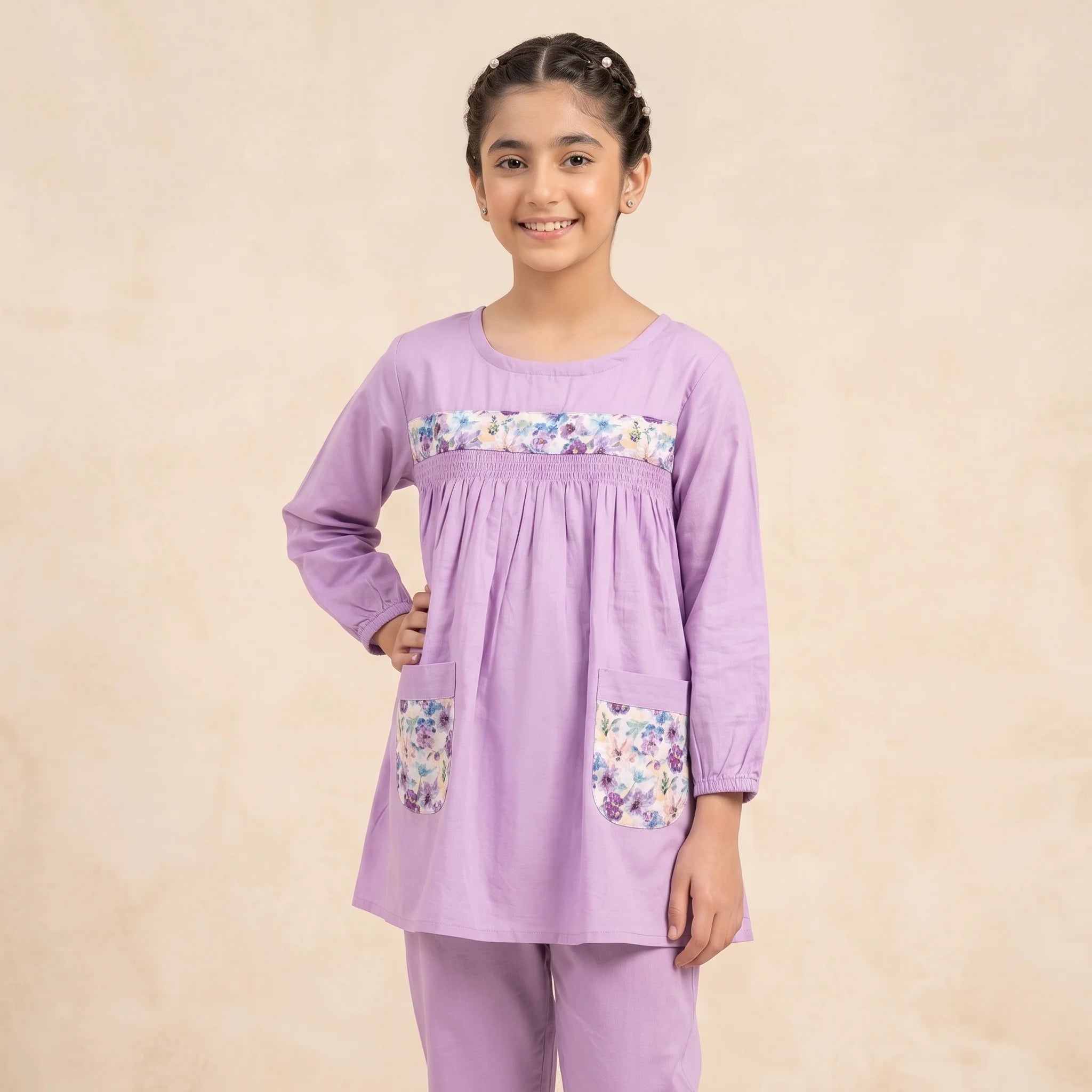Both Side Pocket Light Purple 2Pcs Suit-Girls