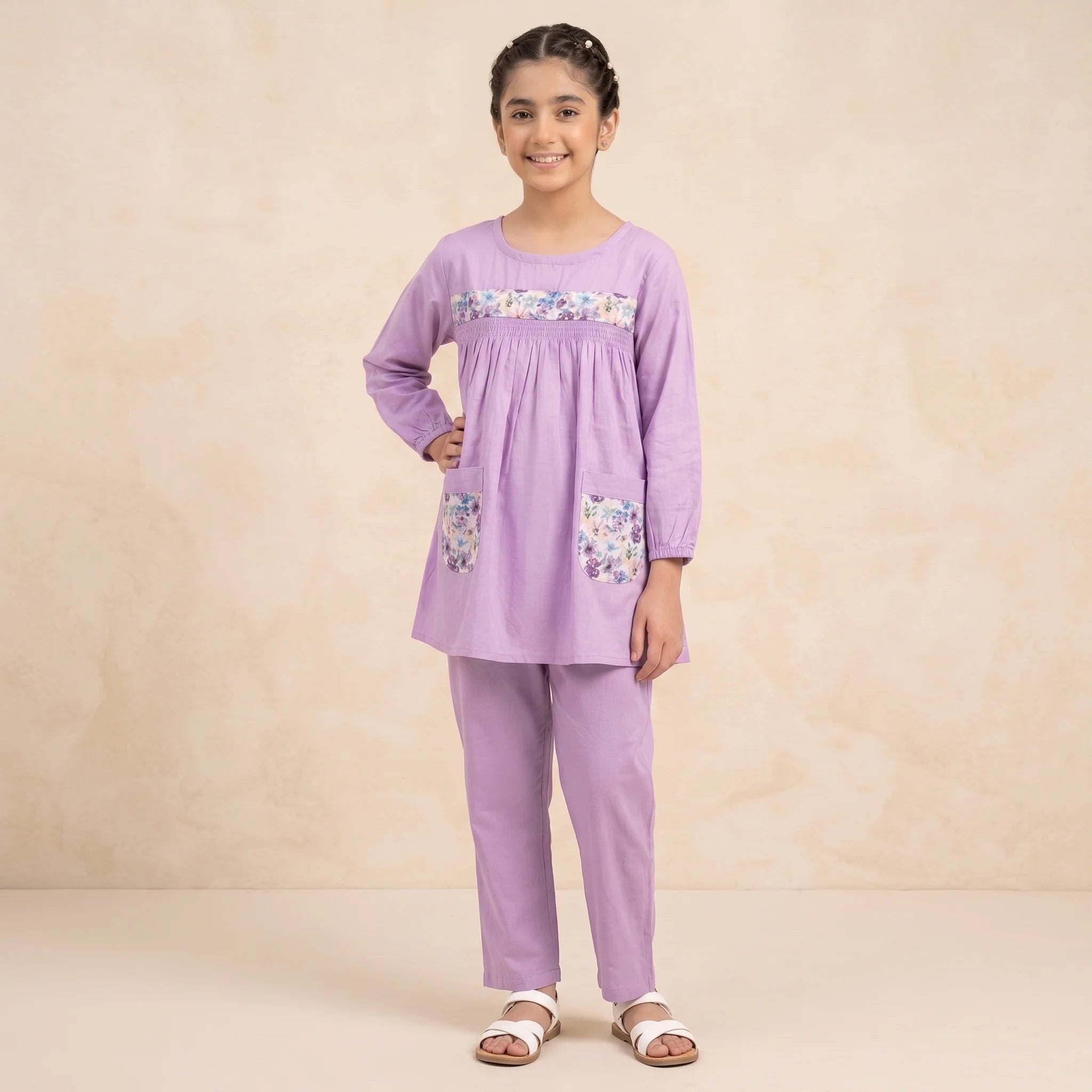 Both Side Pocket Light Purple 2Pcs Suit-Girls