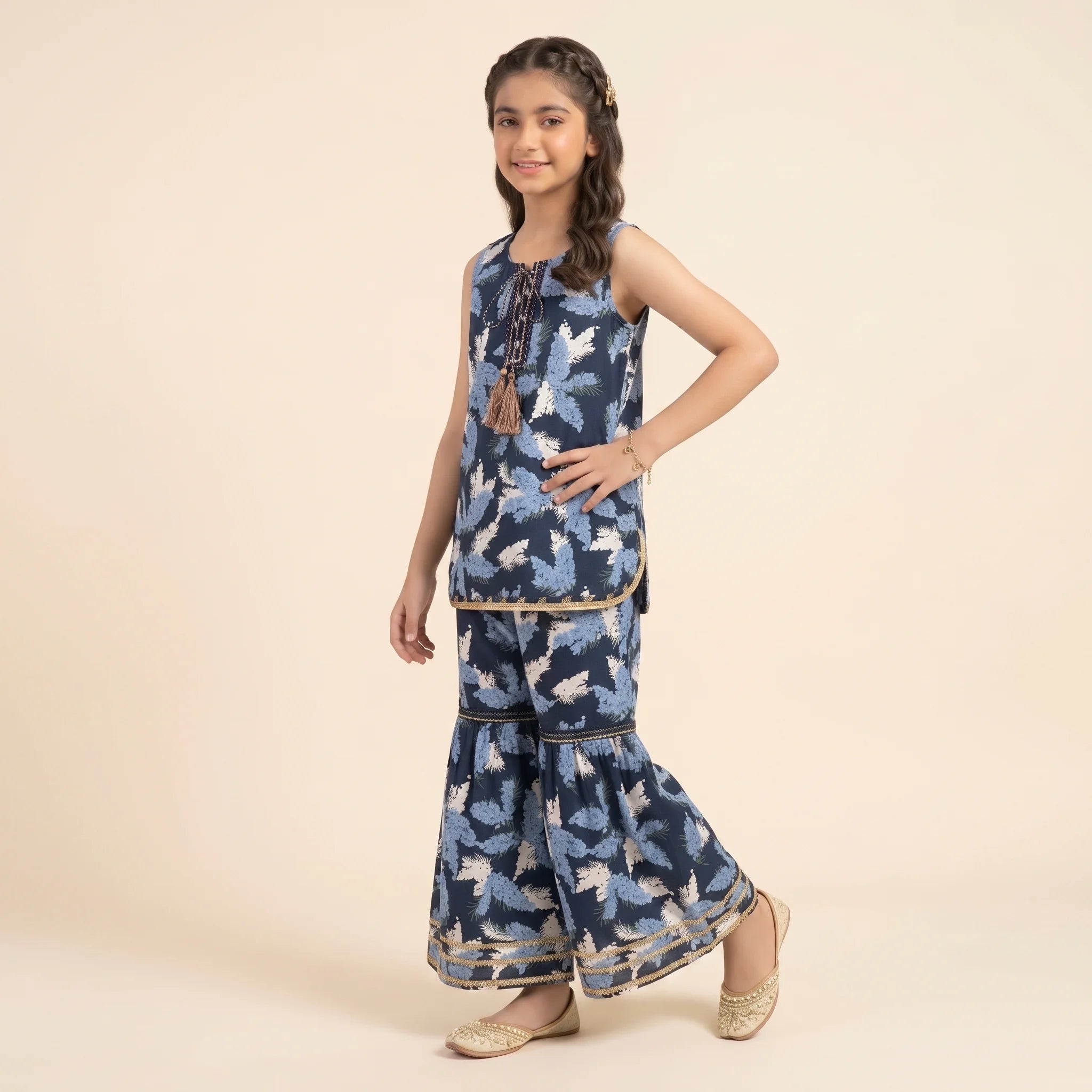 Blue White Cherry Navy Gharara Suit Girls