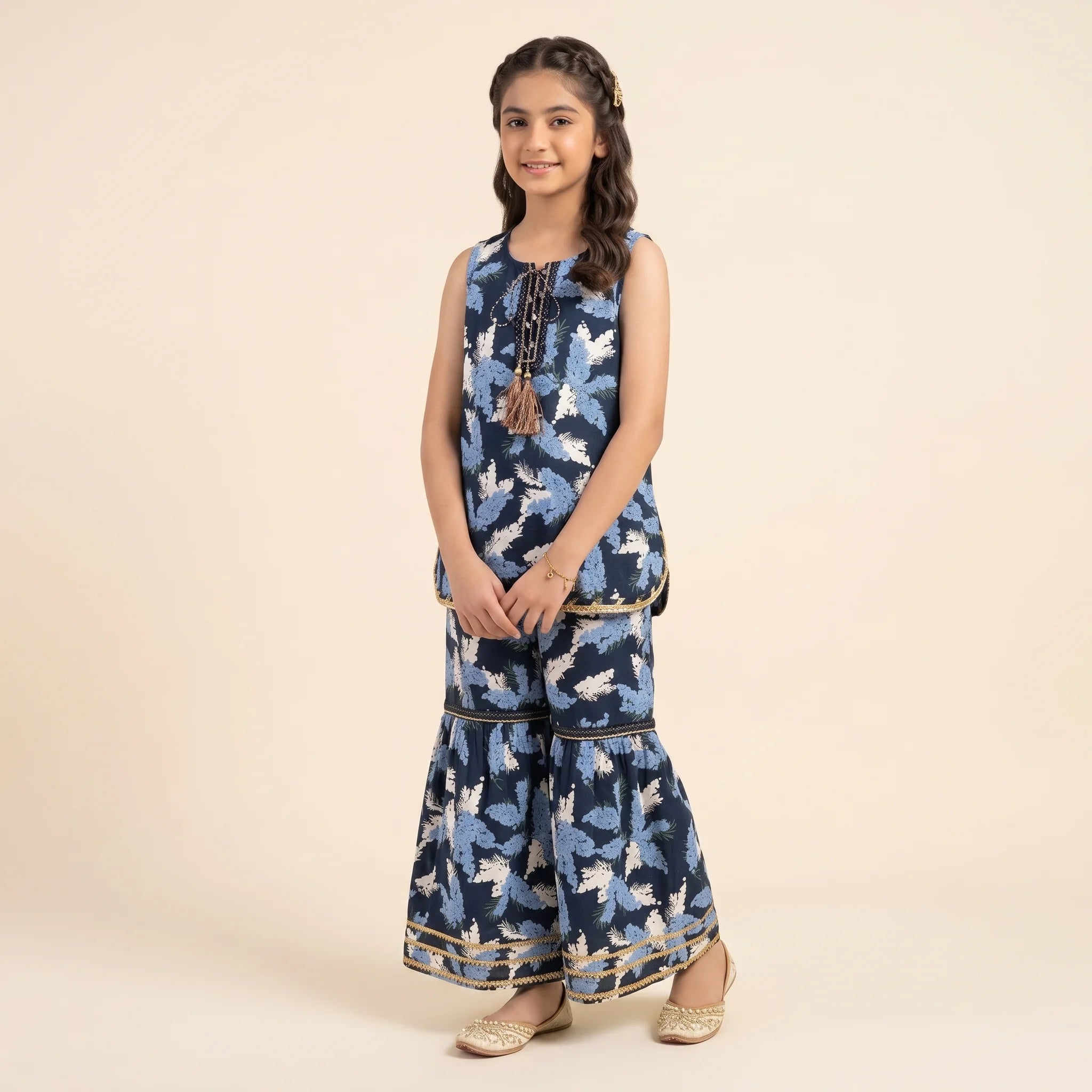 Blue White Cherry Navy Gharara Suit Girls