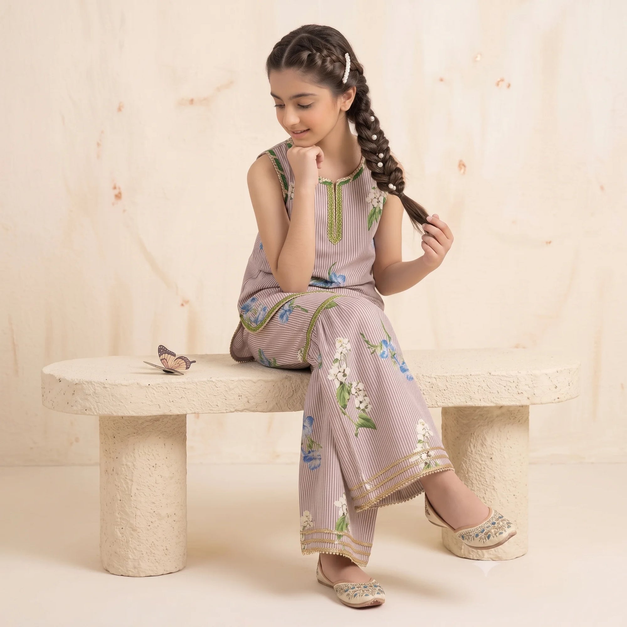 Rose Stripes Print Brown Gharara Suit Girls