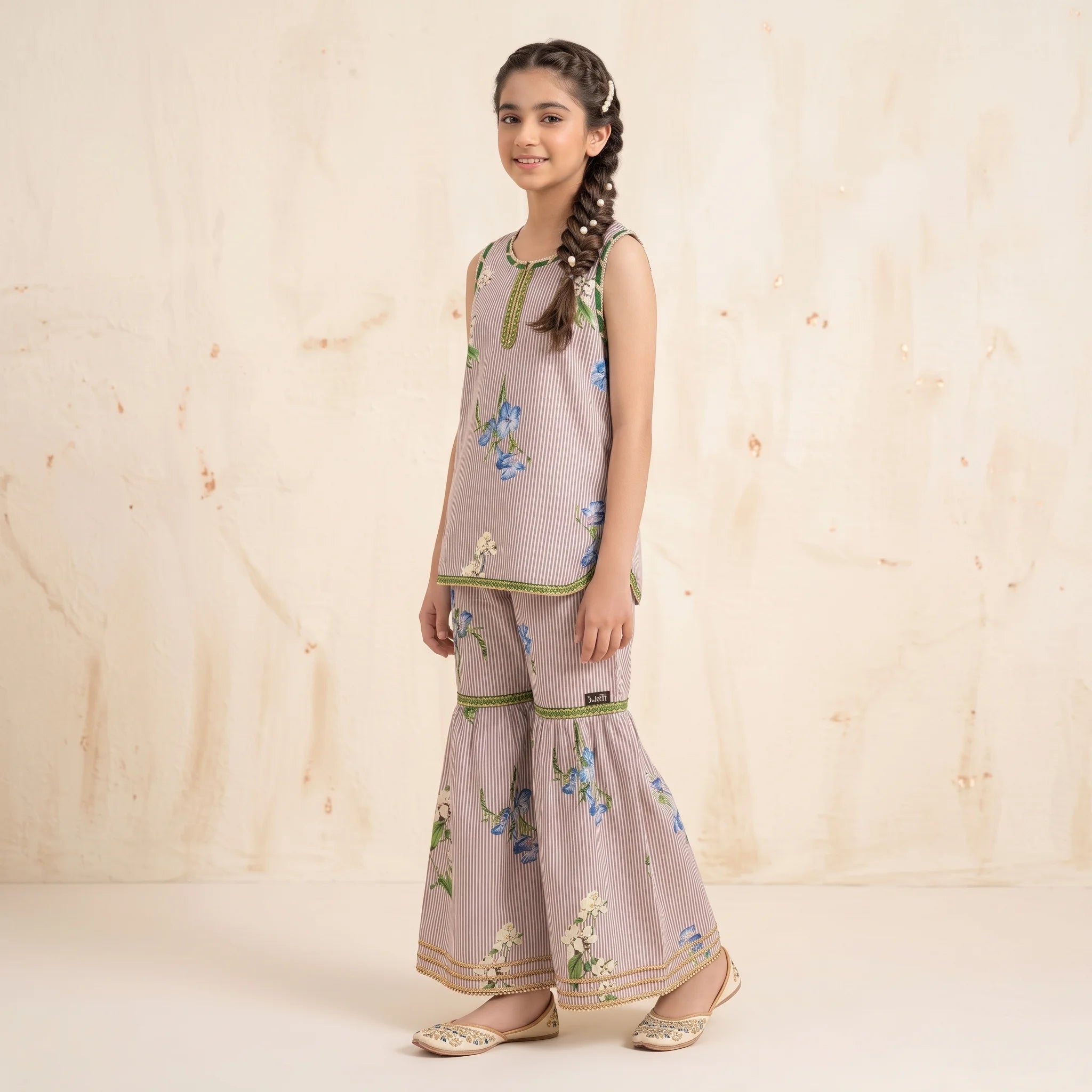 Rose Stripes Print Brown Gharara Suit Girls