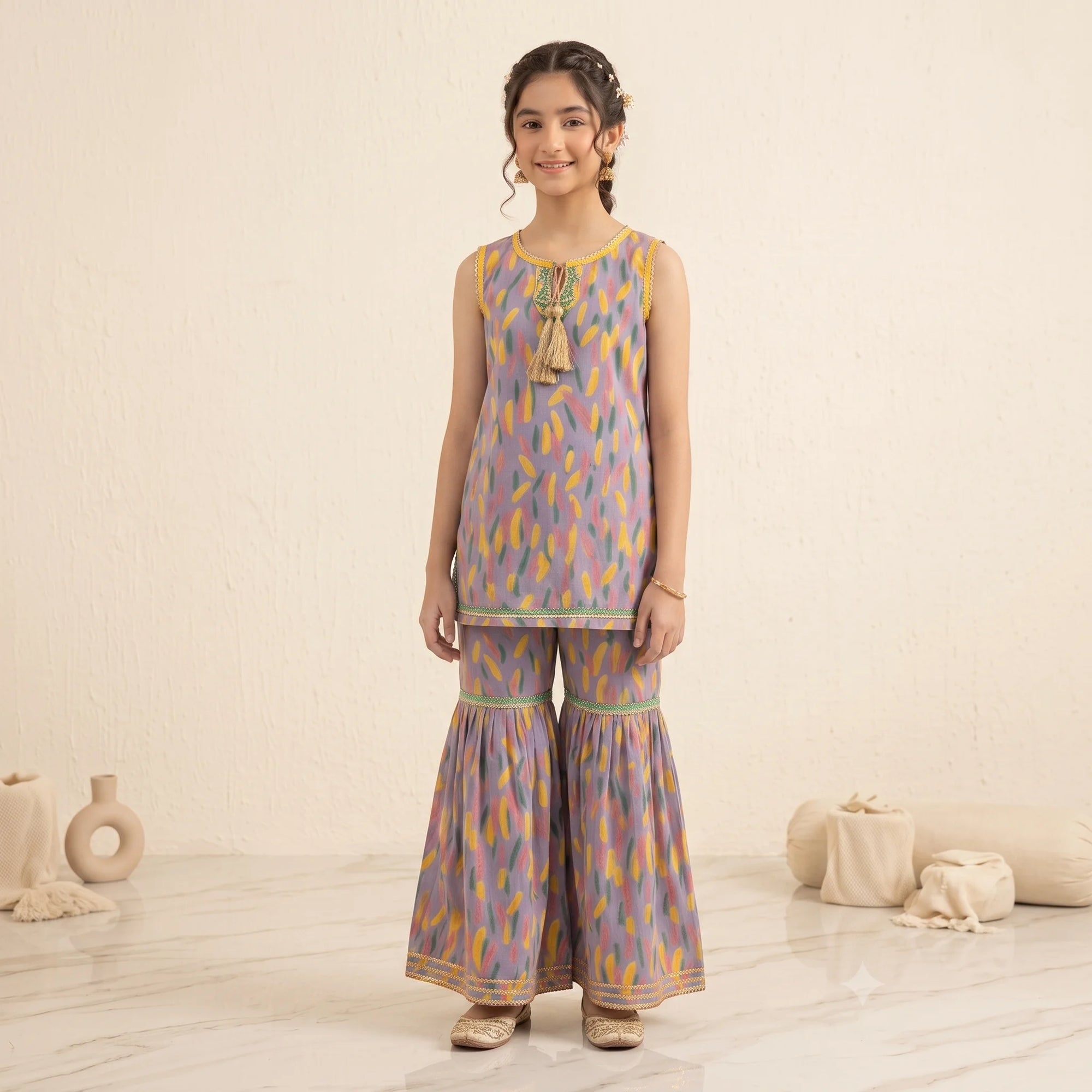 Yellow & Pink Shade Sky Gharara Suit Girls