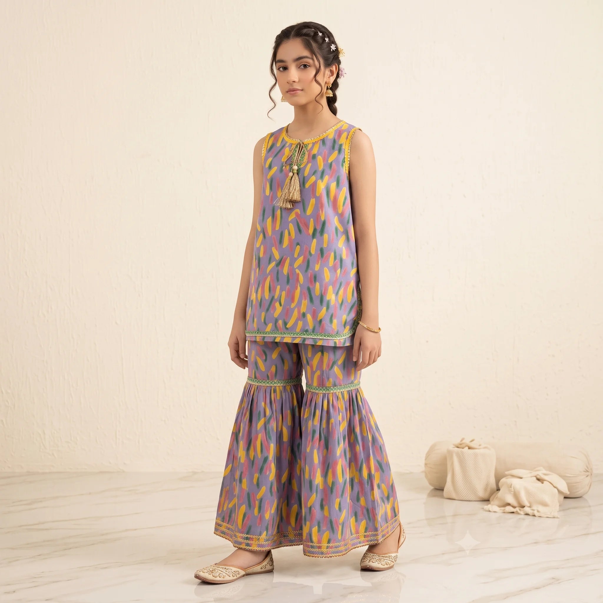 Yellow & Pink Shade Sky Gharara Suit Girls