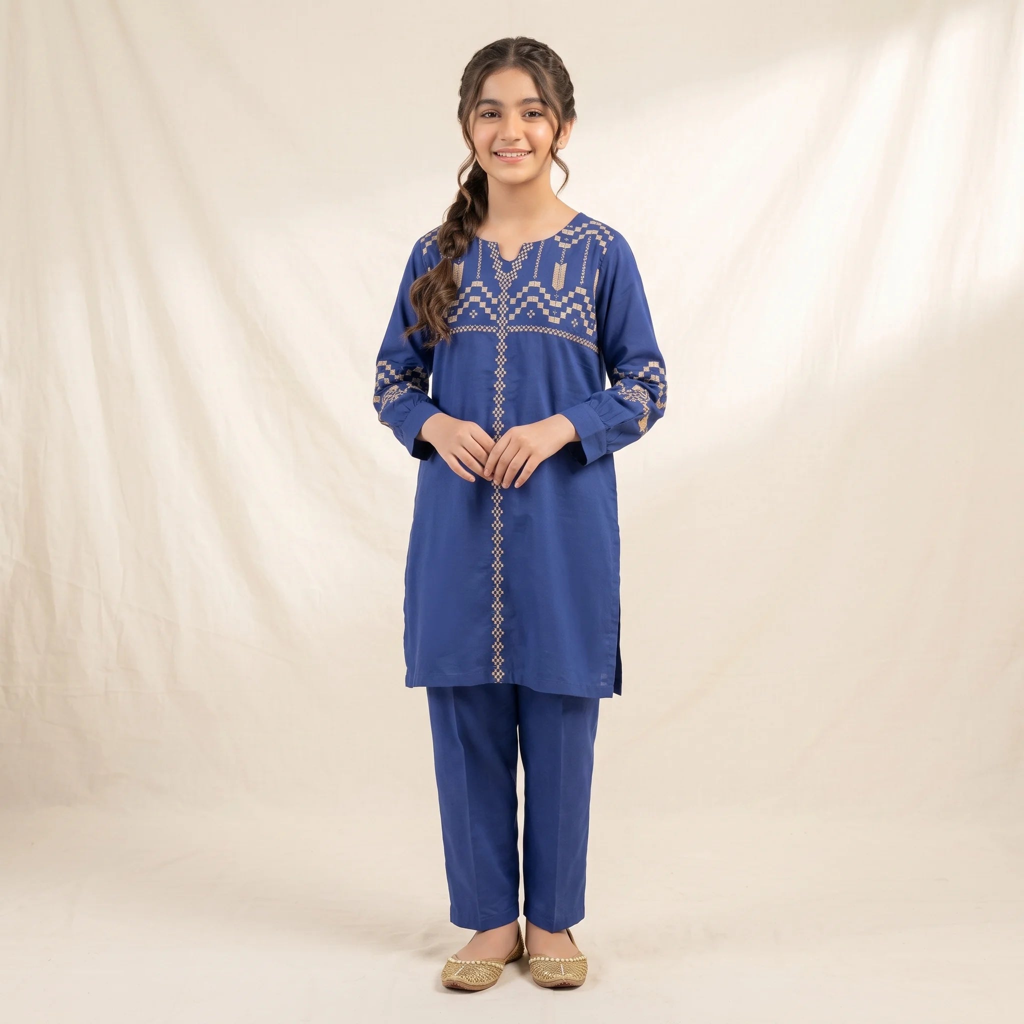 Front Embroidery Royal Blue 2-Piece Suit Girls ( R-460 )