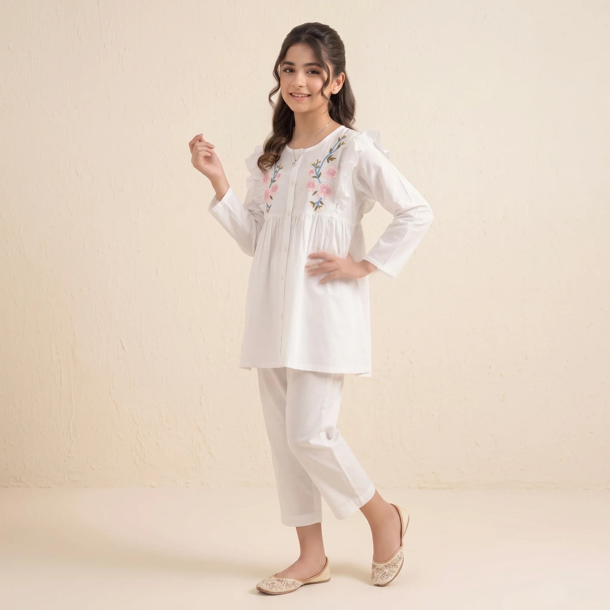 Both Side Embroidery White 2Pcs Suit-Girls