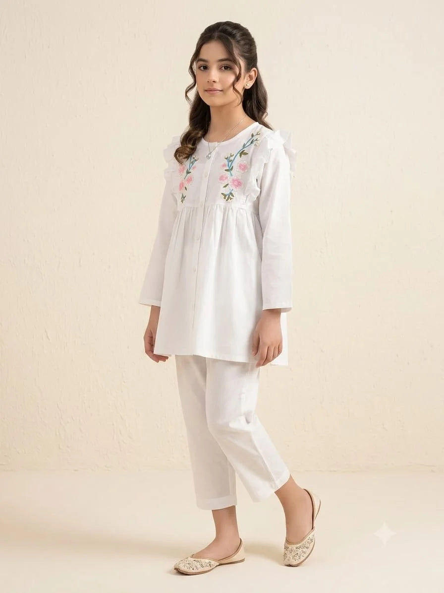 Both Side Embroidery White 2Pcs Suit-Girls