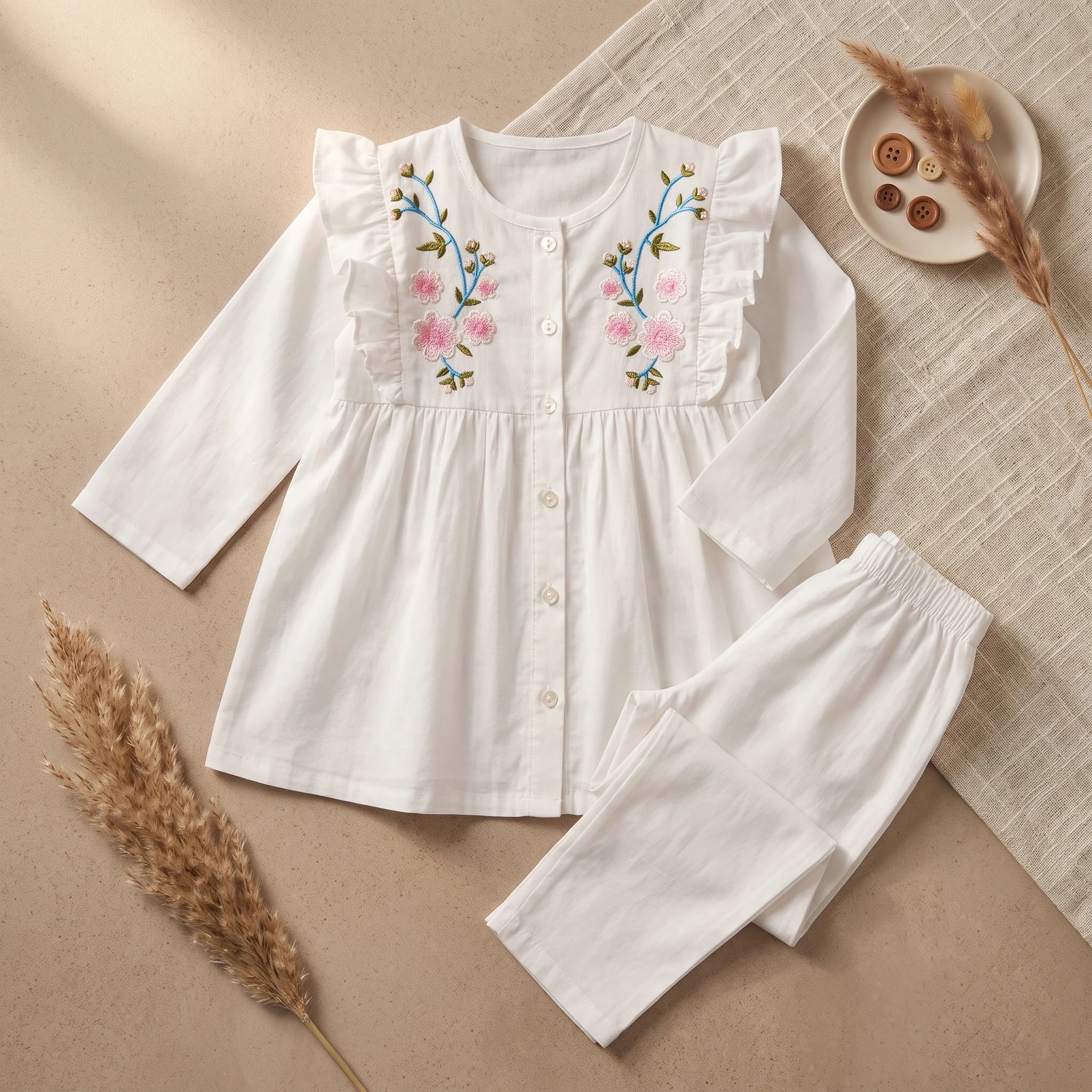 Both Side Embroidery White 2Pcs Suit-Girls