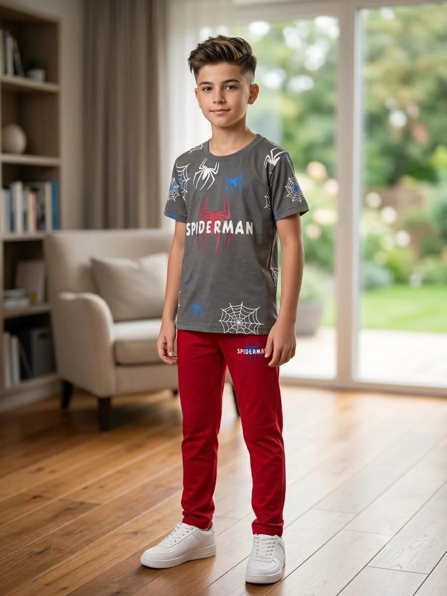 Spiderman Print Grey Contrast Trouser Shirt Boys