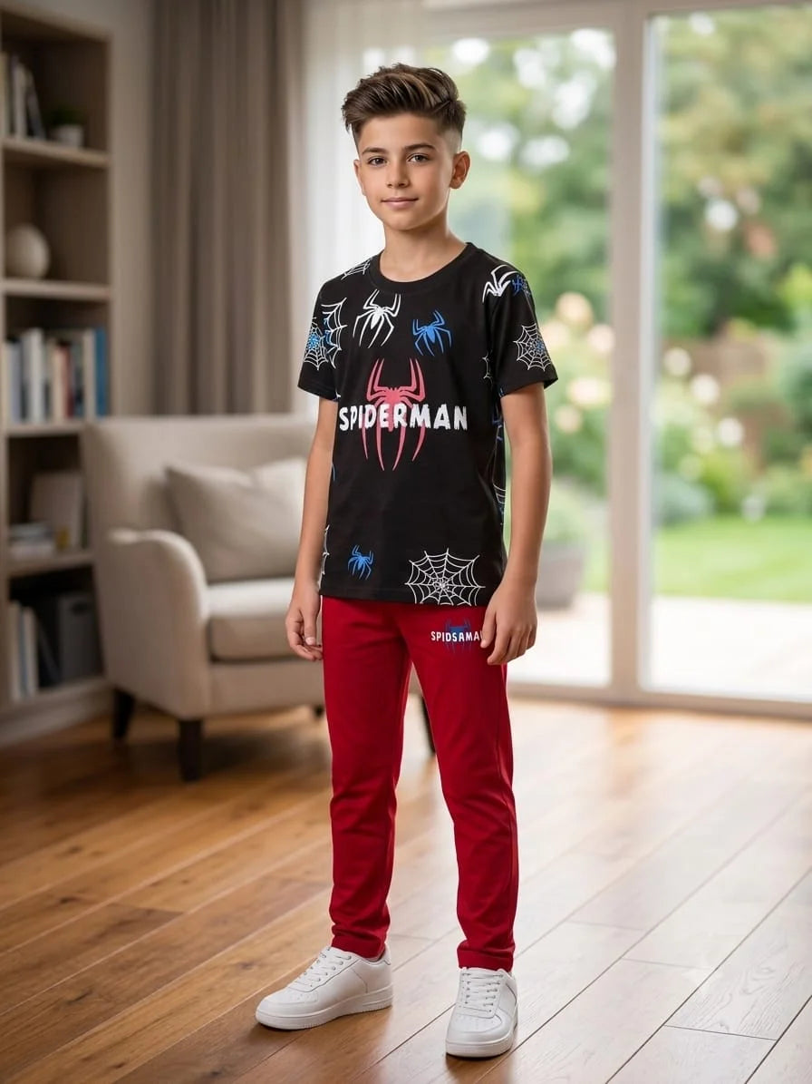 Spiderman Print Black Contrast Trouser Shirt Boys