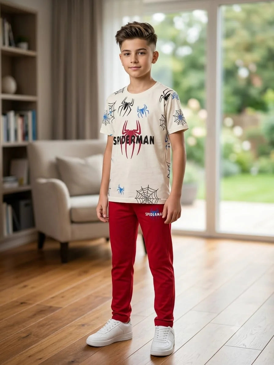 A young boy wearing a Spider-Man themed two-piece outfit, featuring a cream-colored t-shirt with a red and black spider logo and blue spider prints, paired with bright red sweatpants and white sneakers, standing in a modern living room.
