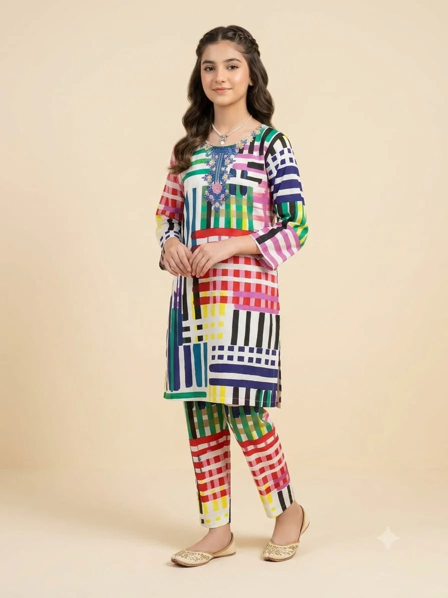 Front Embroidery Multi Shade White 2Pcs Suit Girls