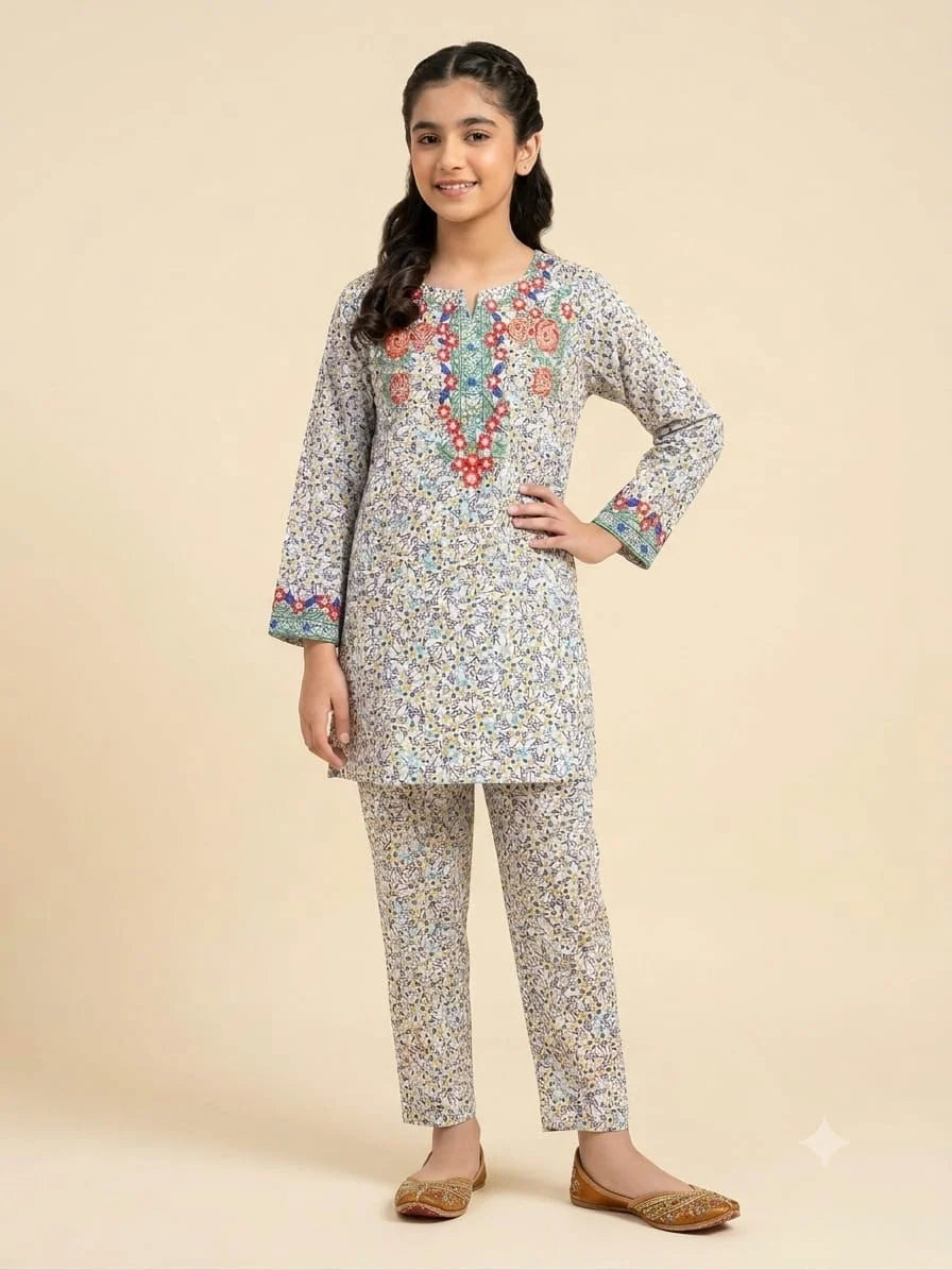 Front Embroidery  Blue Yellow Cherry White 2Pcs Suit Girls