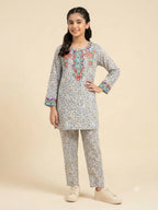 Front Embroidery  Blue Yellow Cherry White 2Pcs Suit Girls