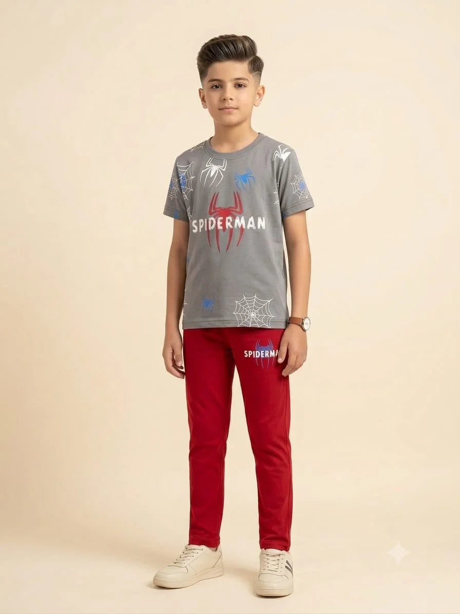 Spiderman Print Oatmeal Contrast Trouser Shirt Boys