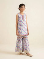 Purple Yellow Flower Sleevless White Gharara Suit Girls ( R-204 )