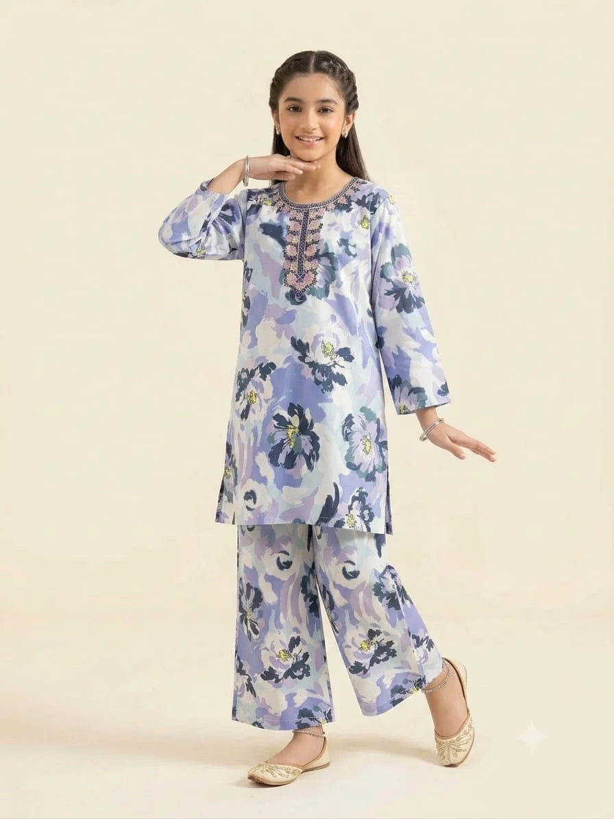 Front Embroidery Navy Flower White 2Pcs Suit Girls ( R-50 )