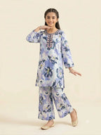 Front Embroidery Navy Flower White 2Pcs Suit Girls ( R-50 )