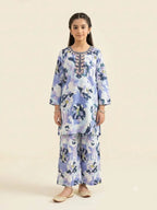 Front Embroidery Navy Flower White 2Pcs Suit Girls ( R-50 )