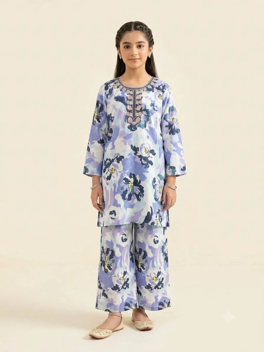 Front Embroidery Navy Flower White 2Pcs Suit Girls ( R-50 )