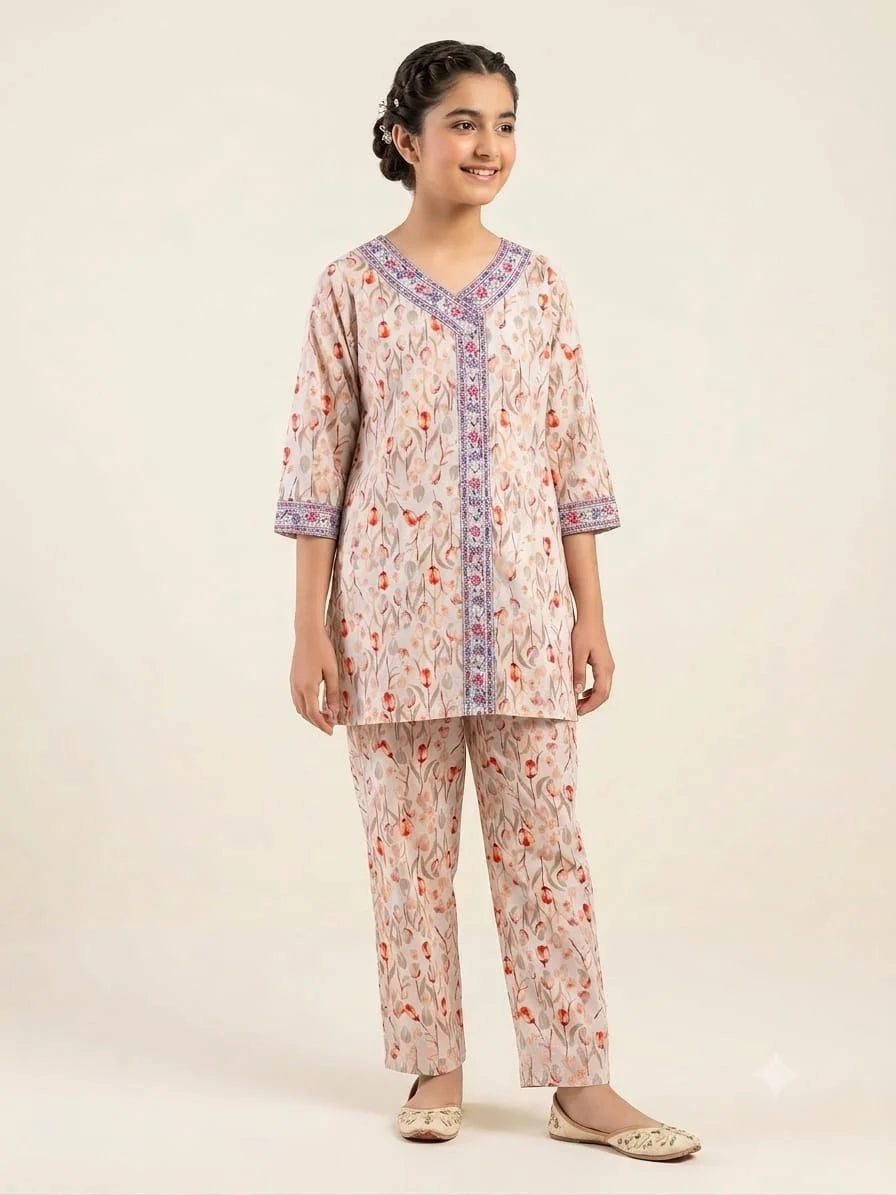 Front Embroidery Brown Tulip Flower White Angrakha Style 2Pcs Suit Girls
