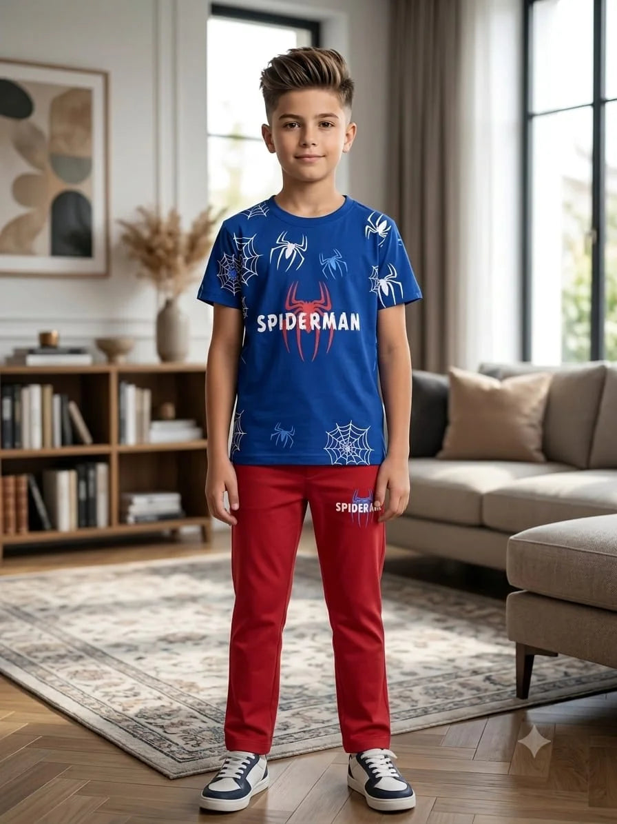 Spiderman Print Royal Blue Contrast Trouser Shirt Boys