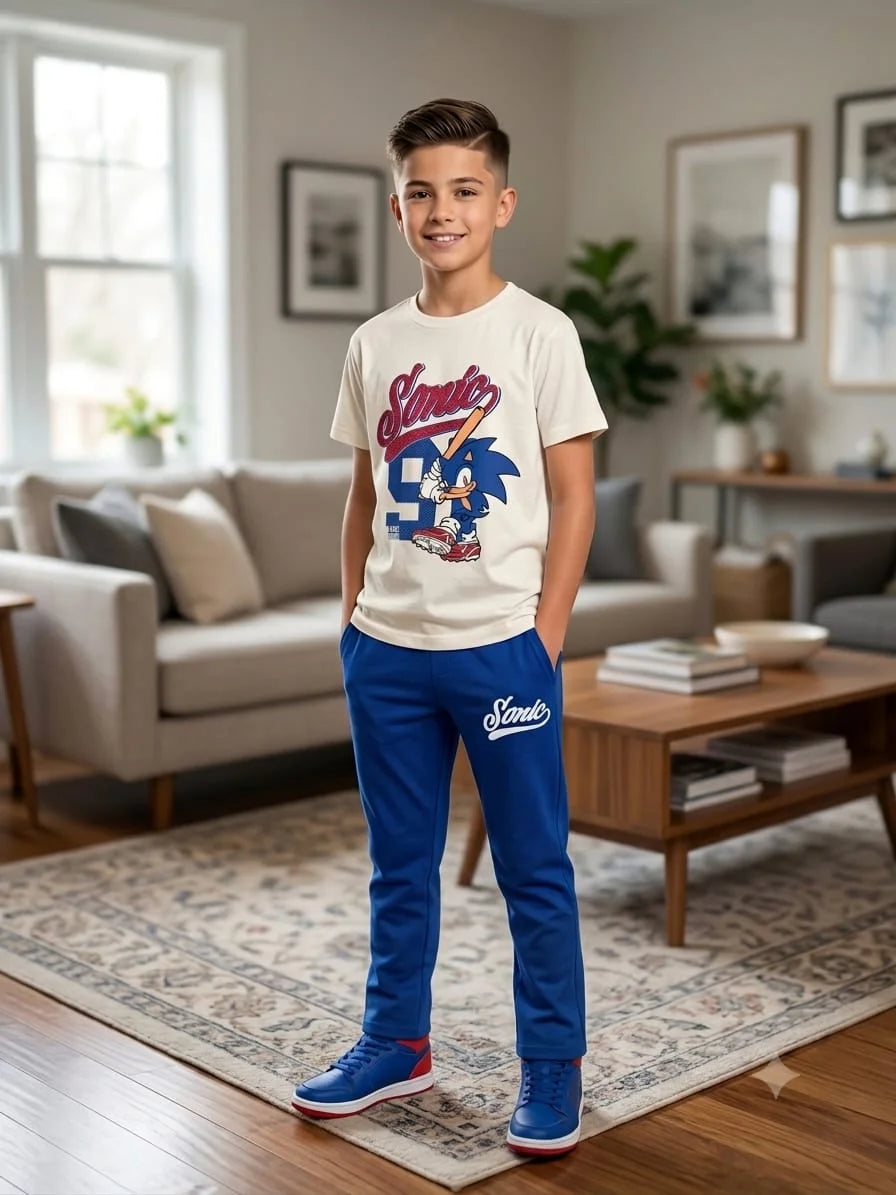 Sonic Print Off-White Trouser Shirt Boys