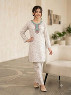 Front Embroidery Cherry Print Cream 2Pcs Suit Girls ( R-4 )