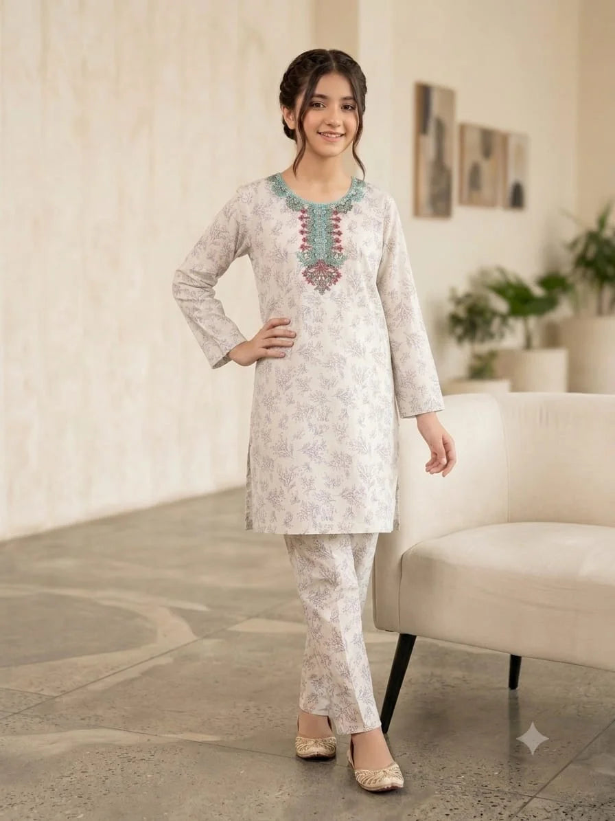 Front Embroidery Cherry Print Cream 2Pcs Suit Girls ( R-4 )
