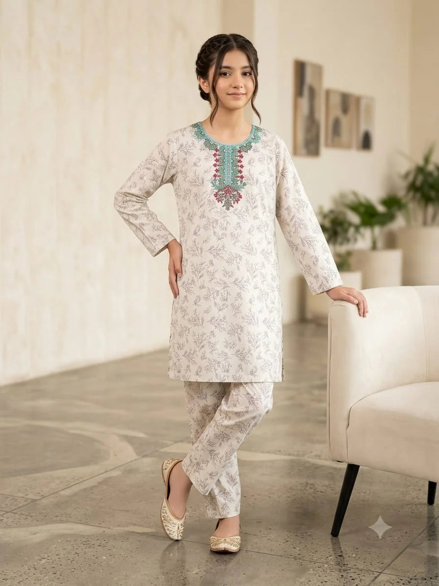 Front Embroidery Cherry Print Cream 2Pcs Suit Girls ( R-4 )