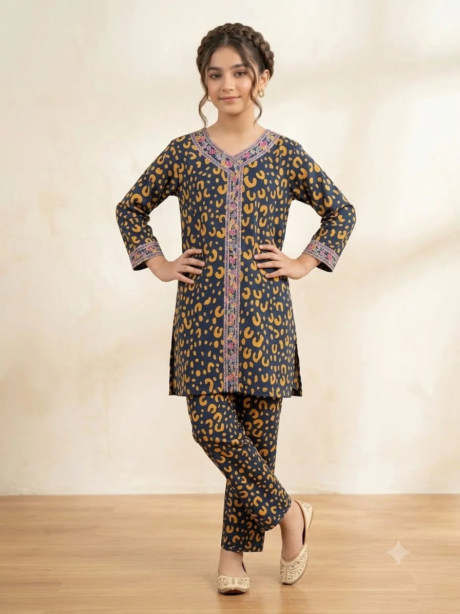 Front Embroidery Leopard Print Navy Angrakha Style 2Pcs Suit Girls ( R-13 )