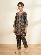 Front Embroidery Leopard Print Navy Angrakha Style 2Pcs Suit Girls ( R-13 )