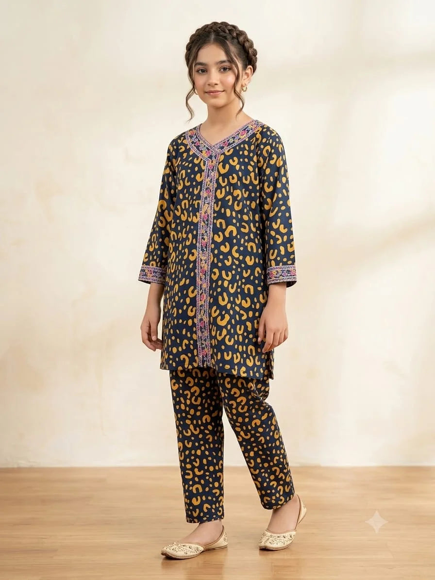 Front Embroidery Leopard Print Navy Angrakha Style 2Pcs Suit Girls ( R-13 )